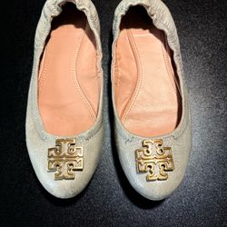 Tory Burch Melinda ballet flats size 8 gray taupe leather comfort lightweight