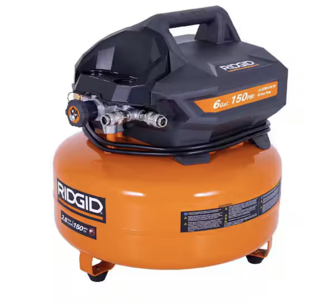 RIDGID 6 Gal. 150 PSI Portable Electric Oil-Free Jobsite Pancake Air Compressor with Dual Pressure Gauges and 2-Quick Couplers