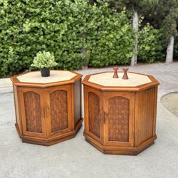 Mid Century Modern Pair (Set 2) Wood Marble End Side Table Nightstand 