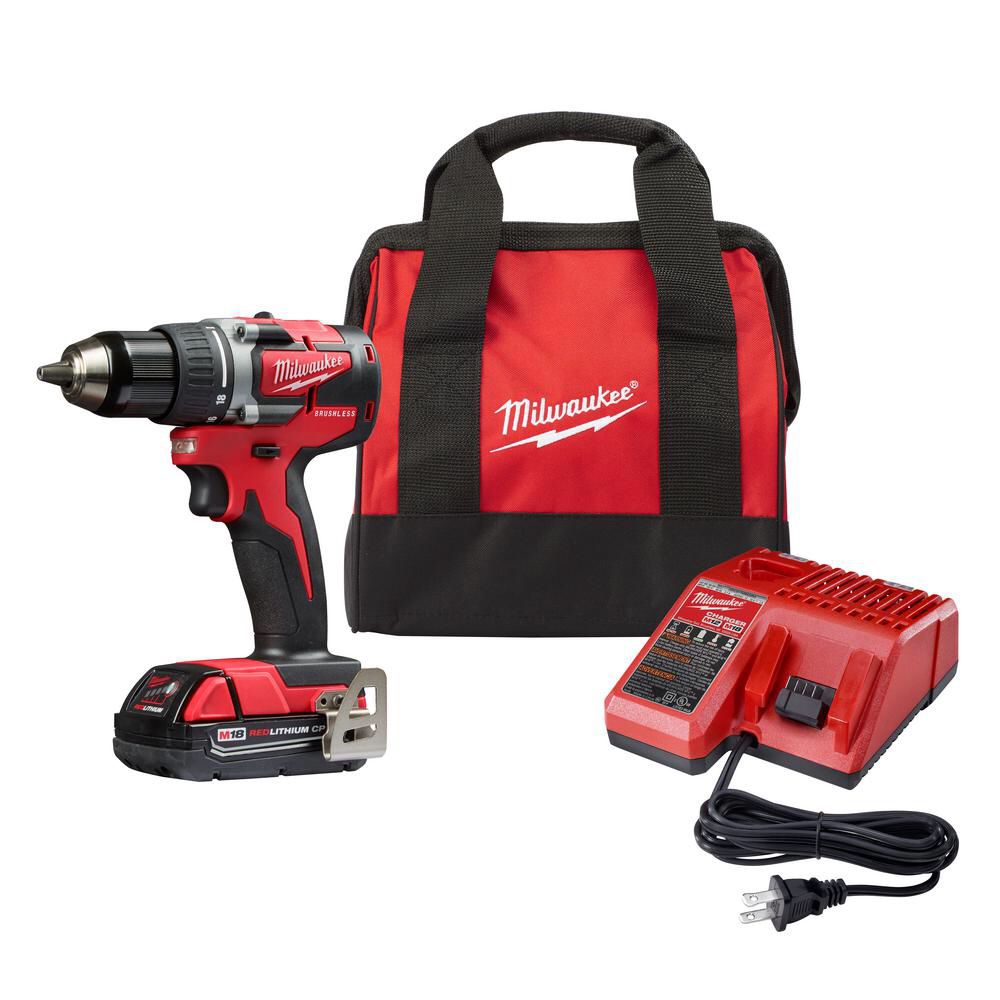 ilwaukee M18 18-Volt Lithium-Ion Compact Brushless Cordless 1/2 in. Drill/Driver Kit W/ (1) 2.0 Ah Battery, Charger & Tool Bag