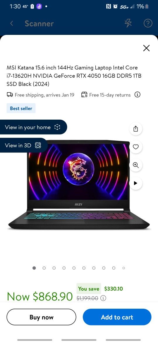 MSI Katana 15.6 inch 144Hz Gaming Laptop Intel Core i7-13620H NVIDIA GeForce RTX 4050 16GB DDR5 1TB SSD Black (2024)