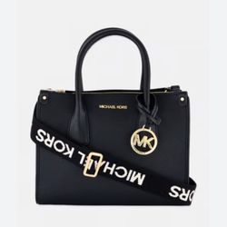 MICHAEL KORS SHEILA MEDIUM SATCHEL SHOULDER BAG PURSE TOTE LOGO STRAP BLACK GOLD