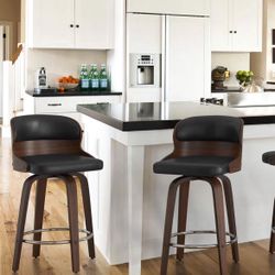 2 pcs set of 26 in.Modern Black Faux Leather Swivel Bar Stool with Solid Walnut Wood Frame Bentwood Counter Stool 