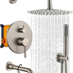 Shower System with Tub Spout 10 Inches Brushed Nickel Round Rain