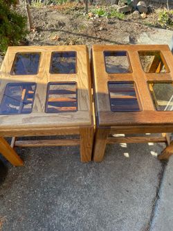 Pair of Oak End Tables with Glass Inlay