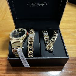 Ed Hardy’s Gold-Tone Metal Watch/Necklace/Bracelet