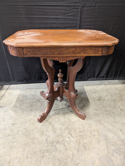 Vintage Dark Wood Accent Table with Ornate Pedestal Base