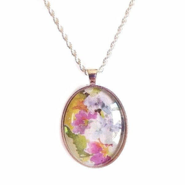 Sterling Silver Rope Chain With Oval Flower Floral Oval Pendant