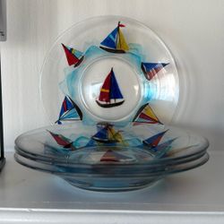 BEAUTIFUL SAIL BOAT GLASS PLATES  (4) FOR $15