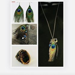 Peacock Feather Earrings, Necklace, Ring Set 