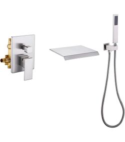 Taplong Brushed Nickel Wall Mount Bathtub Faucet with Hand Shower Wall Mount Tub Faucets with Waterfall Spout，Bathroom Tub Filler with Rough-in Valve 