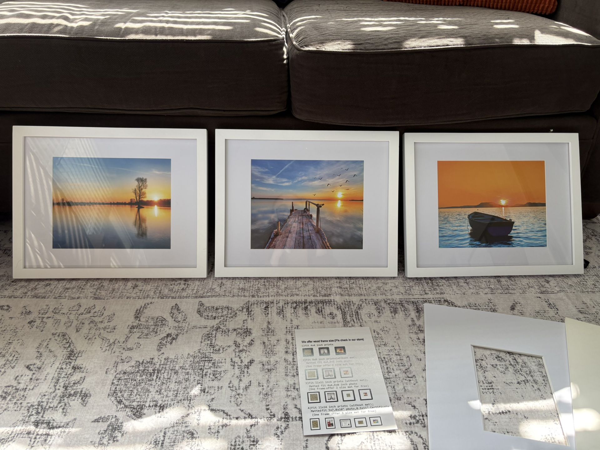 3-Piece White 11x14 Frame Set w/ Multiple Art Prints & Mat Inserts