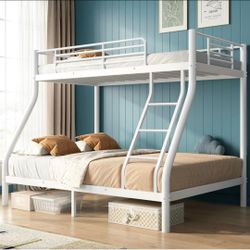 Twin Over Full Metal Bunk Bed with Ladder, Guardrail, No Box Spring 400+450 Lbs capacity.