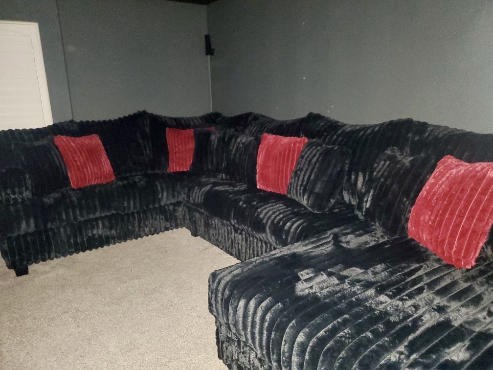 Big Black Sectional - Soft Corduroy Fabric And Oversized Chaise