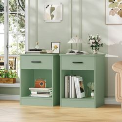 2-Tier Nightstand with Drawer, Side Table for Bedroom Living Room Set of 2, Green