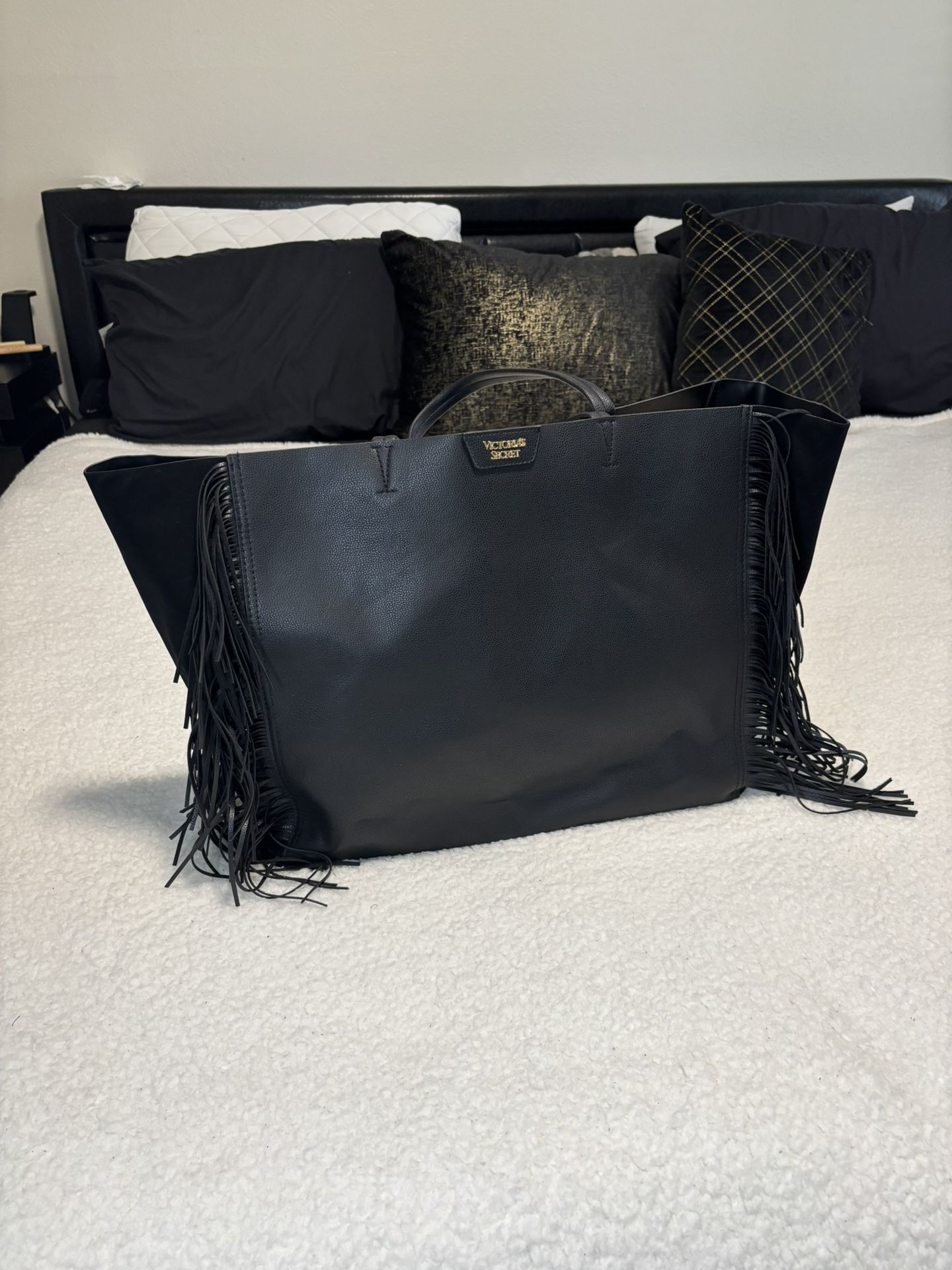 Victoria’s Secret Black Faux Leather And Suede Fringe Tote Bag