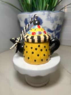 Mary Engelbreit Vintage Teapot Ornament Yellow Polka Dot Cottagecore ME Signed
