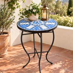 Vintage Blue & White Mosaic Tile Bistro Side Table Wrought Iron Patio Accent Plant Stand Rusty Garden Table 