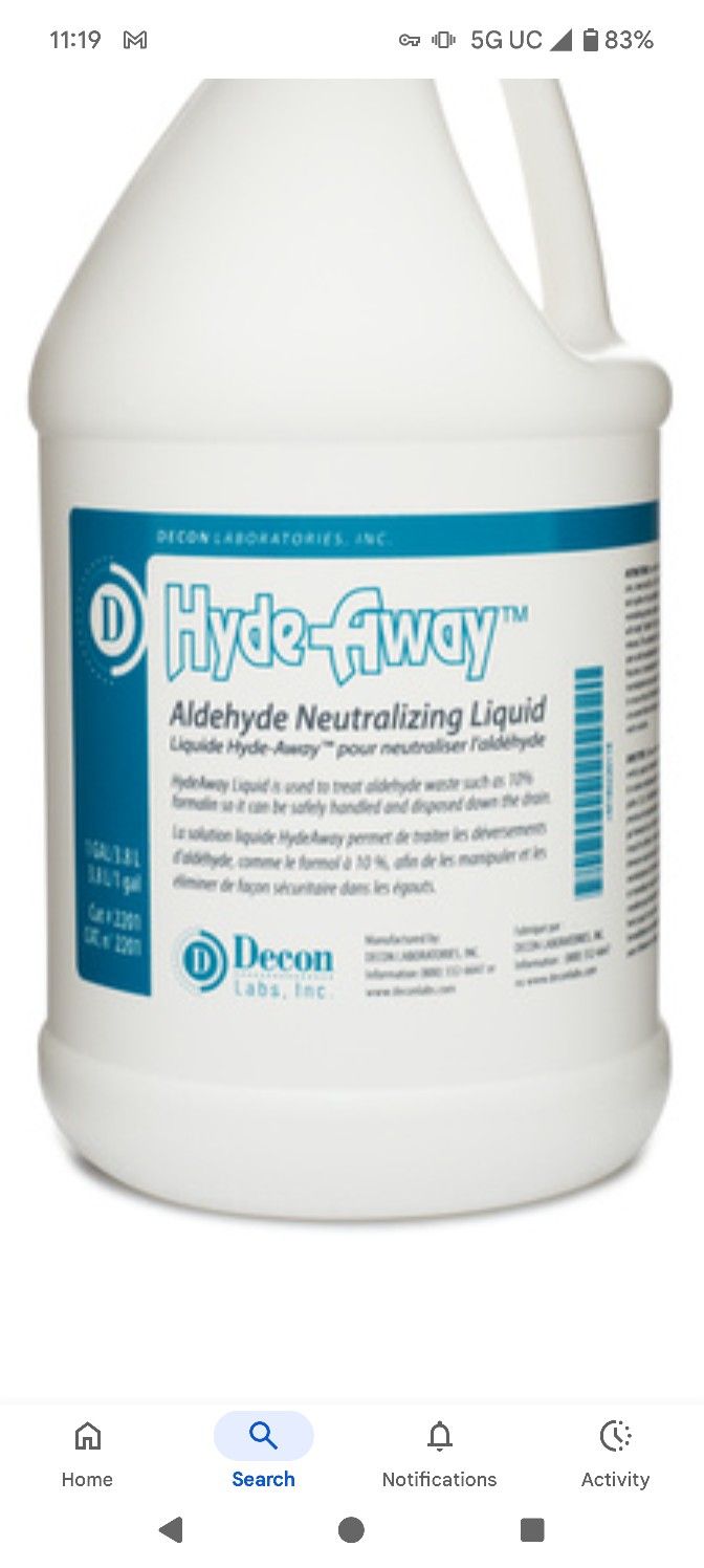 Hydeaway™ neutralizes spent formalin and other aldehydes for drain or trash disposal.