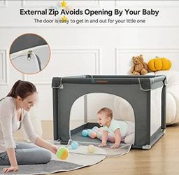 Baby Playpen 53x53 Inch, Indoor/Outdoor Portable Play Yard No Extra pad Required with Breathable Mesh Walls, Enclosed Safe Space for Babies Quick Fold