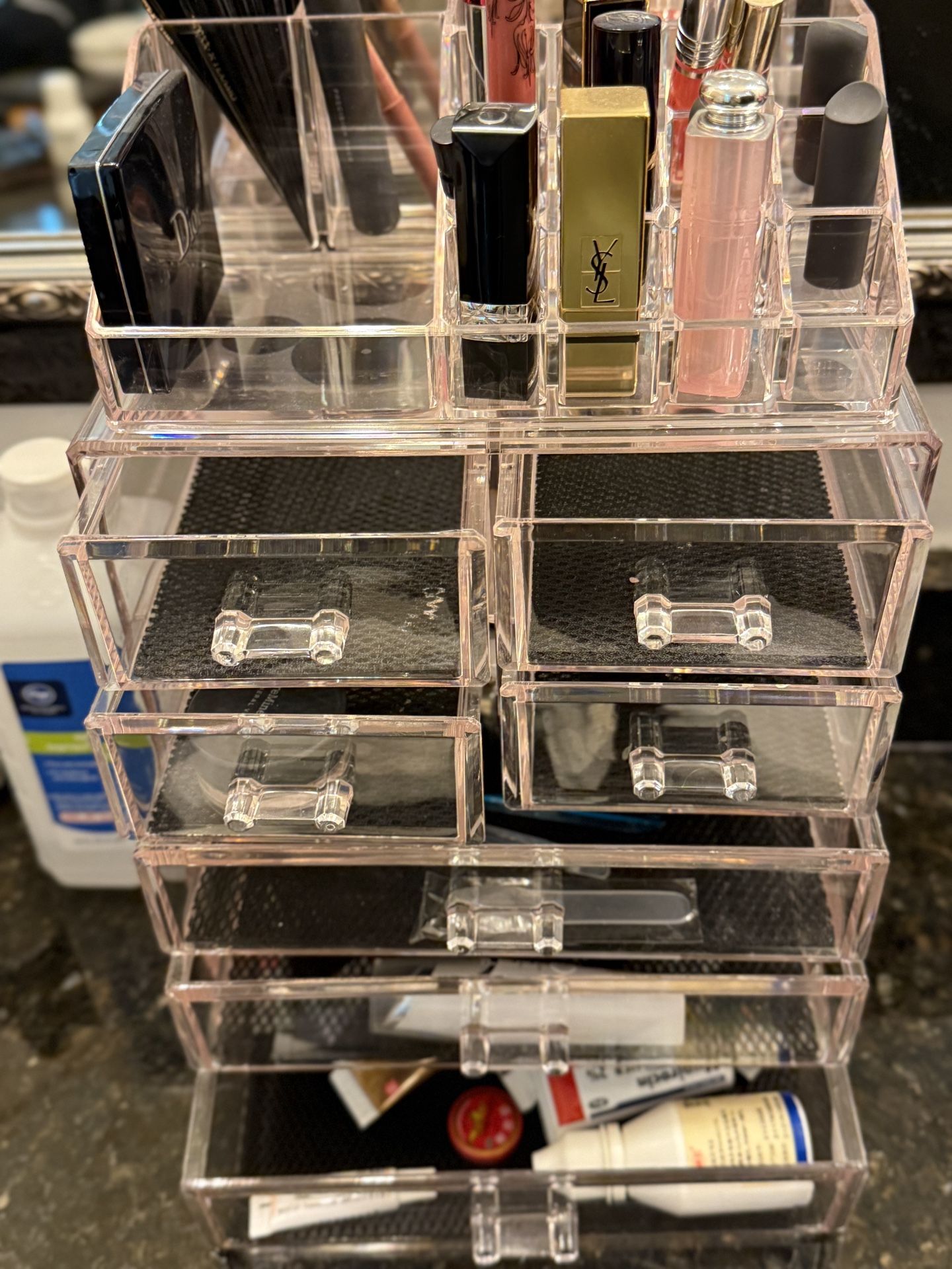 Pink Clear Makeup Organizer with Brush Holder