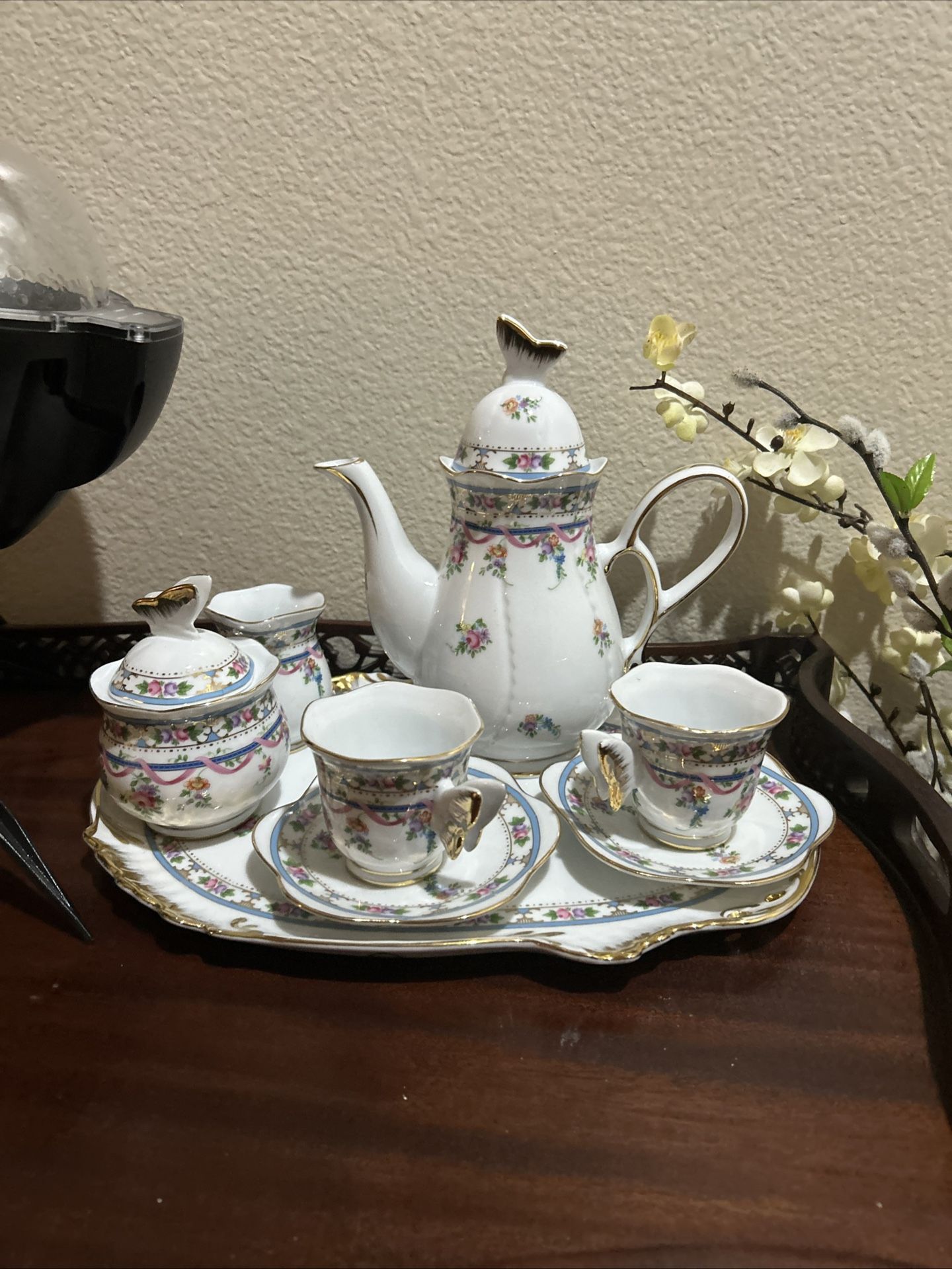 Tea Cup Set And Oak Wood Tea Stand 