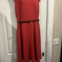 Classic Red Midi Dress with Belt Accent