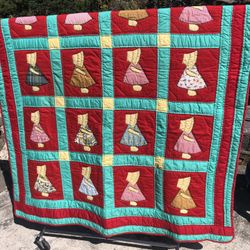 88”x68” BRILLIANT Vintage Hand-stitched  Bonnet Sue Patchwork Quilt 