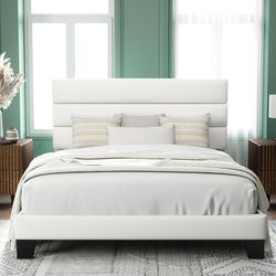 Full Size Platform Bed Frame with Velvet Upholstered Headboard and Wooden Slats Support, Fully Upholstered Mattress Foundation/No Box Spring Needed/Ea