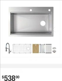 New Dolancourt Tight Radius 33x22x9 in. Dual Mount Single Bowl 18G Stainless Kitchen Sink Spring Neck Faucet. Small Dent on back corner. Retails $560