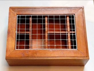RARE THE BODY SHOP WOOD CABINET w/ SLIDING WIRE DOOR
