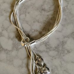 Sterling Silver Five Strand (Adjustable, Pull Through) Bracelet With Tiny Hearts