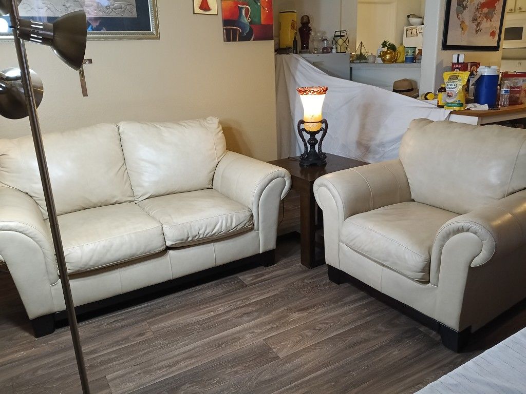 Genuine Leather Off-white Cream Couch Set Of 2