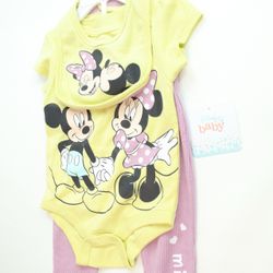 Disney Pink & Yellow Mickey Mouse and Minnie Mouse 3pc Set Size 6-9mo. - NEW