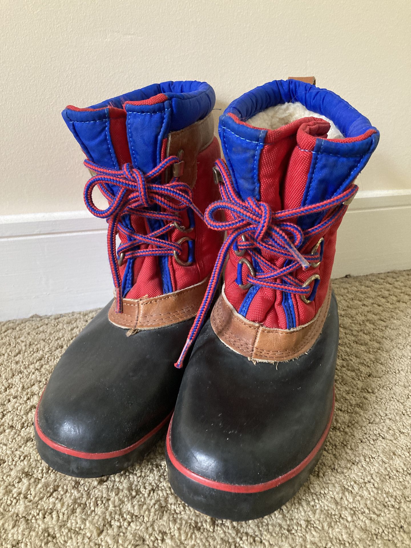 Vintage Lands End Blue and Red Duck Boots - leather size 8 Rain and Snow
