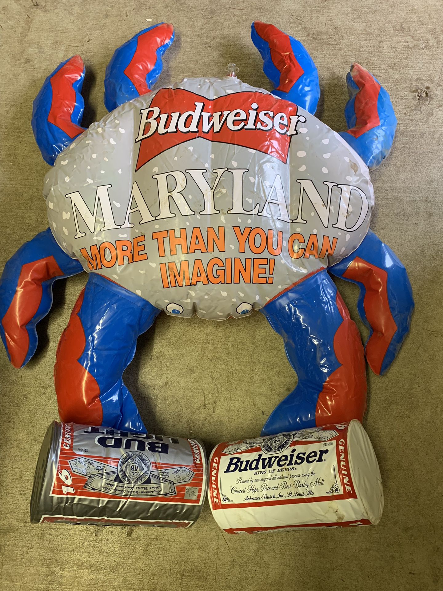 Maryland Blow up Budweiser Crab holding Bud and Bud Light Cans 34x27 inches