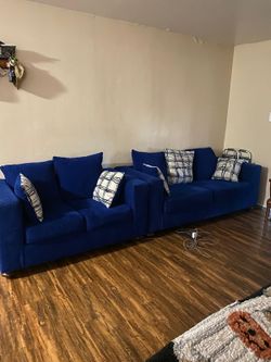 Blue Fabric Sectional Sofa with Throw Pillows