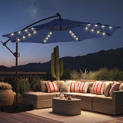 HOMSHADE 10ft Solar Lights LED Offset Patio Umbrella - w/Light and Base, Lighted Offset Hanging Cantilever Patio Outdoor Market Umbrella UPF50+ UV Pro