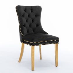 Set of 4 Black Velvet Tufted Dining Chairs Gold Legs