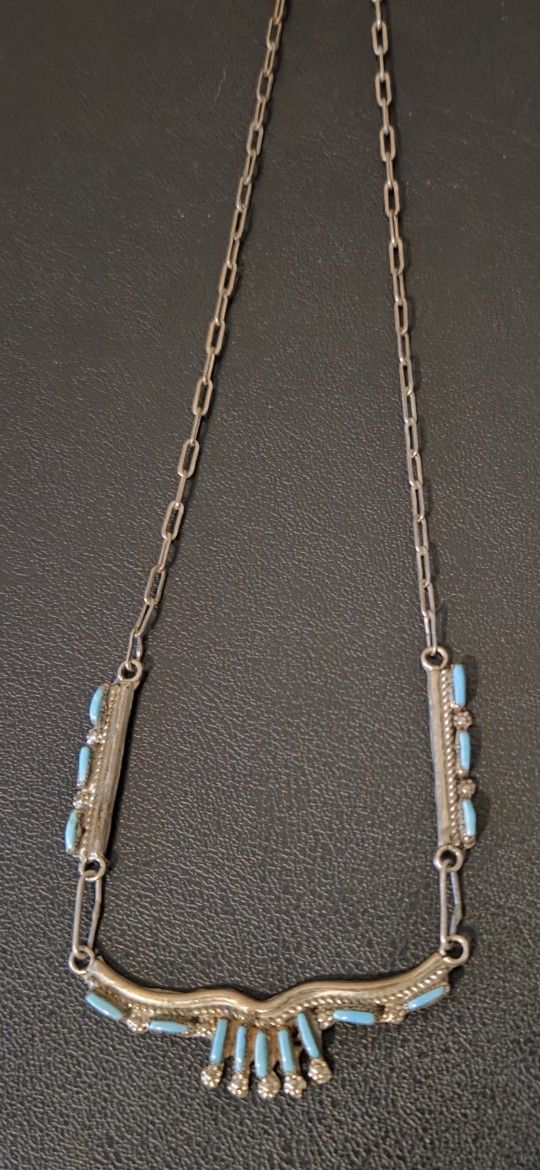 18" OLD ZUNI Sterling Silver SLEEPING BEAUTY Petit Point Turquoise Necklace