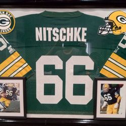 RAY NITSCHKE HOF, OF THE GREEN BAY PACKERS BRANDED, AUTHENTIC FRAMED JERSEY WITH ACTION FIGURE.
