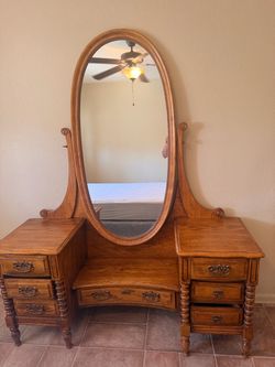Antique Oak Vanity Dresser with Oval Mirror