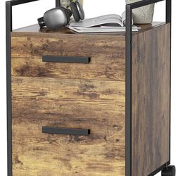  2-Drawer Mobile File Cabinet, Modern Nightstand, Industrial Bedside Table with Open Shelf for Bedroom, End Table, Wooden Storage Cabinet, ONLY 5 LEFT