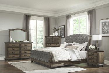 Frame Queen  Weathered Pecan finish, Grey Velvet upholstery. New Especial price 