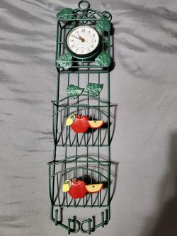 Green Hanging Clock With Leaf and Apple Decorations