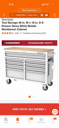 Husky. Tool Storage 46 in. W x 18 in. D 9- Drawer Gloss White Mobile Workbench Cabinet