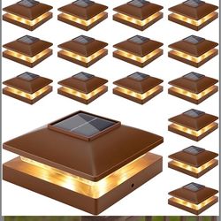 Solar Post Cap Lights Outdoor 16pack, Brown Waterproof Solar Powered Deck Fence Post Lights Fit 4x4 Wood/Vinyl Posts, Bright Warm White Solar Post