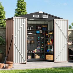 New 6x4 FT Outdoor Storage Shed, Metal Garden Tool Shed with Sloping Roof & Lockable Door for Patio Lawn Backyard (Brown)  New in box G37009BR19A-YF *