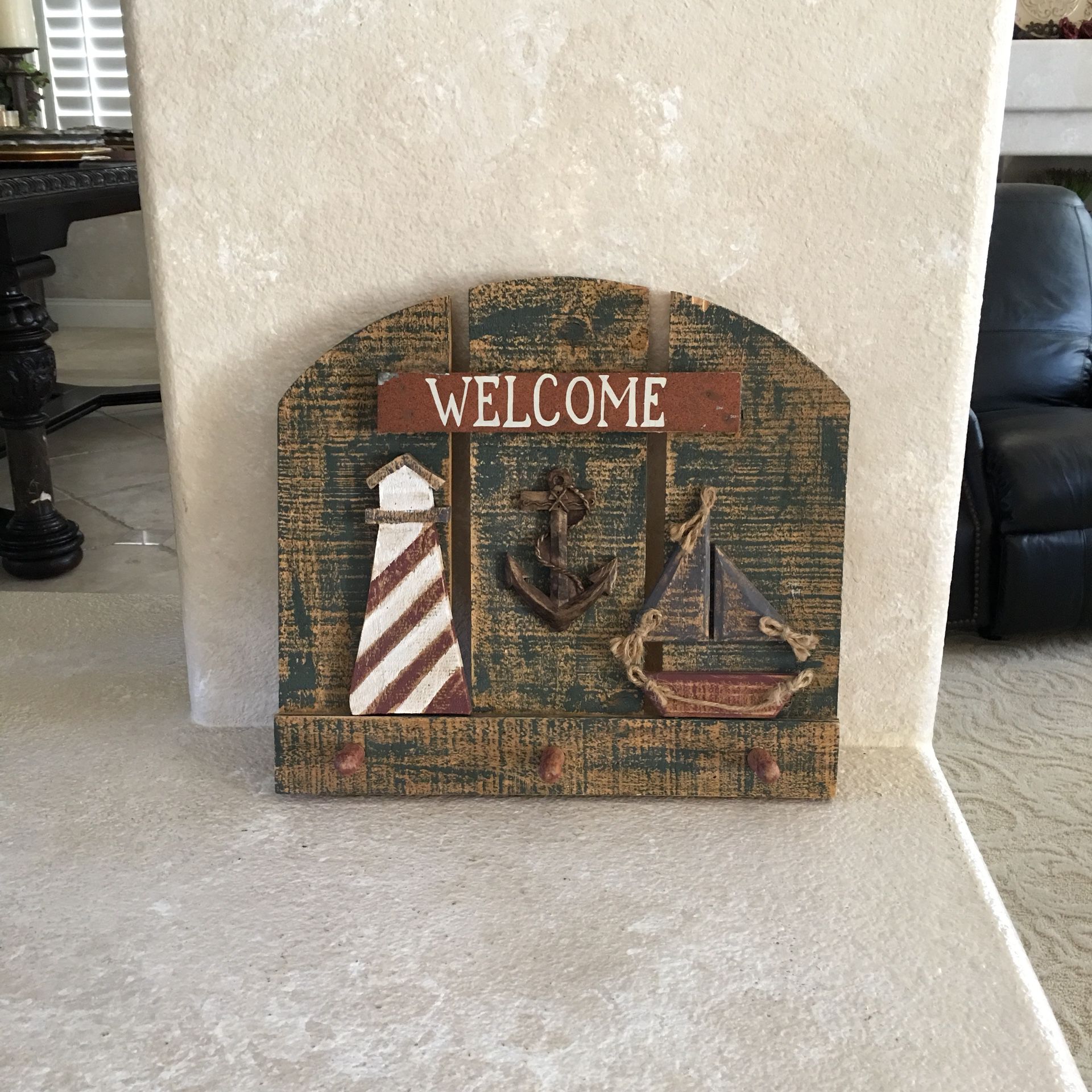 (30% off pick NAUTICAL 13.75” x 12"x1” Wood WELCOME SIGN Distressed LIGHTHOUSE+SAILBOAT+ANCHOR