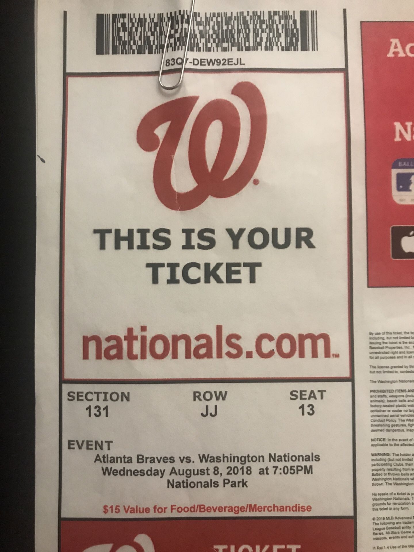 2 Washington National Tickets